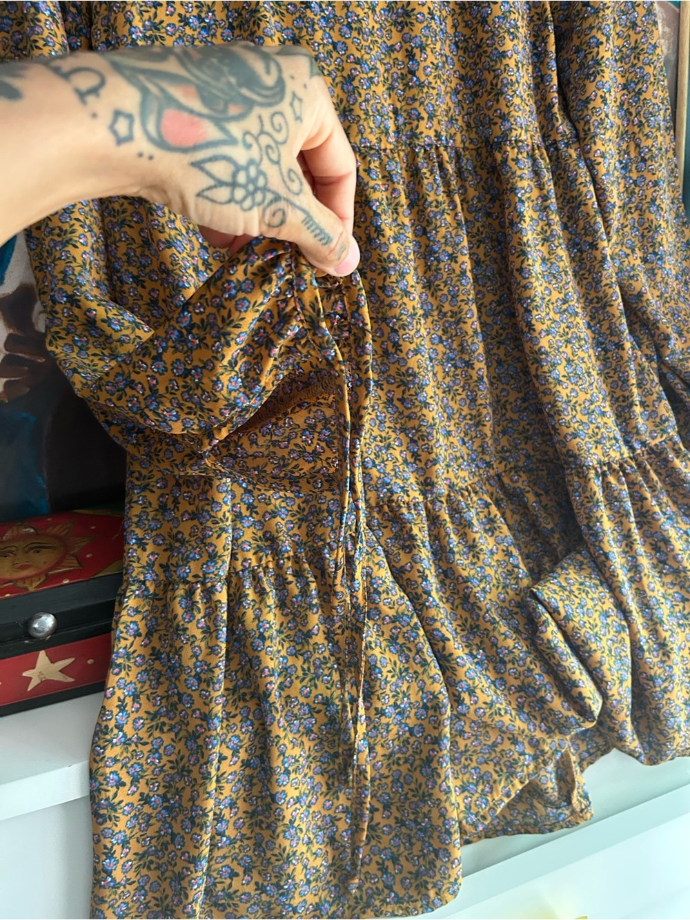 Wild Fable Mustard Floral Tiered Midi Dress Women’s Medium Boho Cottagecore - Picture 6 of 16
